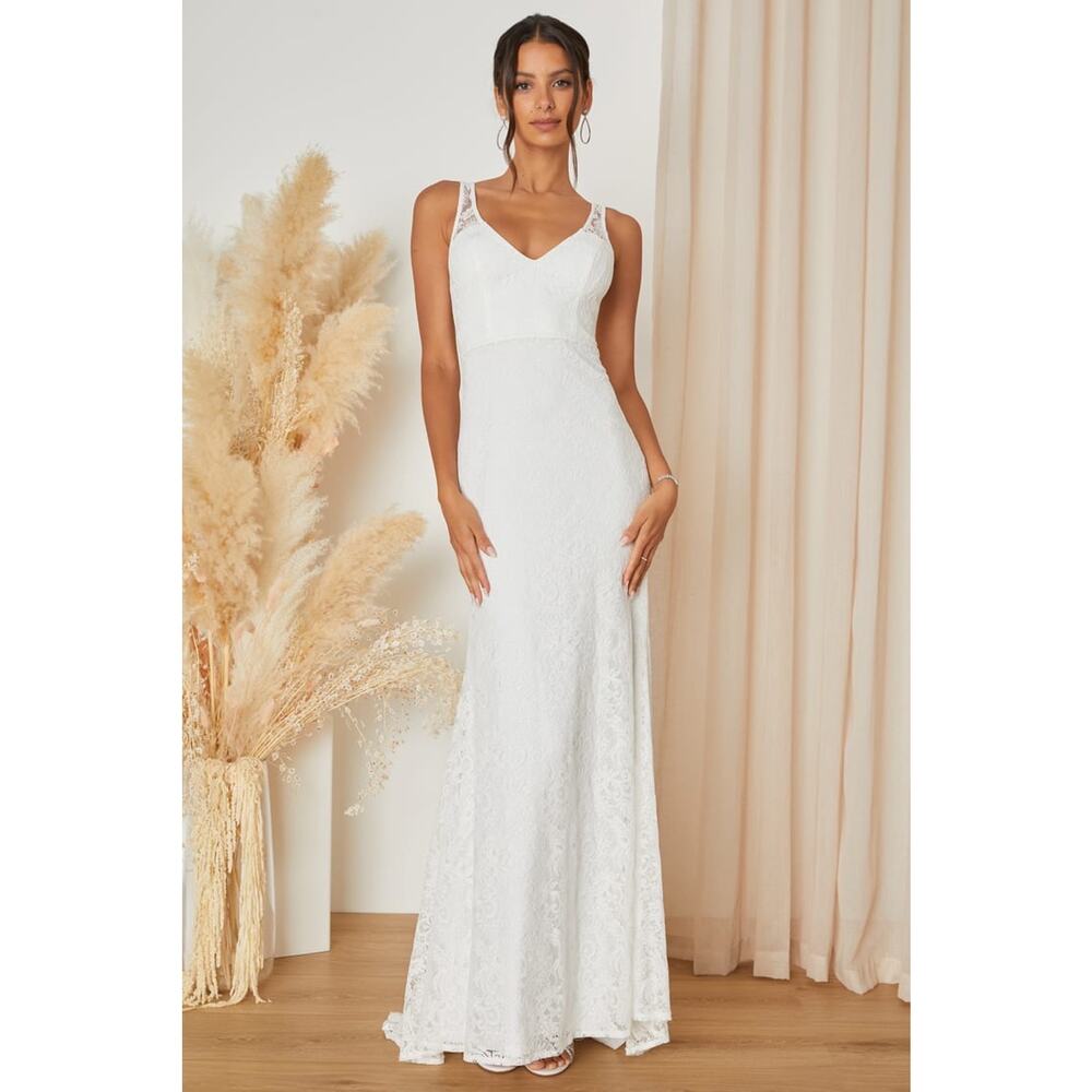 NWT Lulus Beloved Eternity White Lace Sleeveless Backless Maxi Dress Bride Sz M